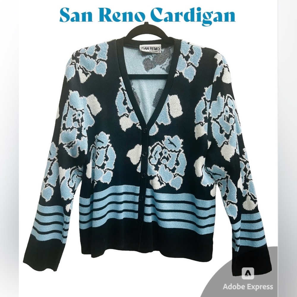 ❄️❄️Vintage Blue & Black‎ Floral Women's Cardigan by San Remo❄️❄️
